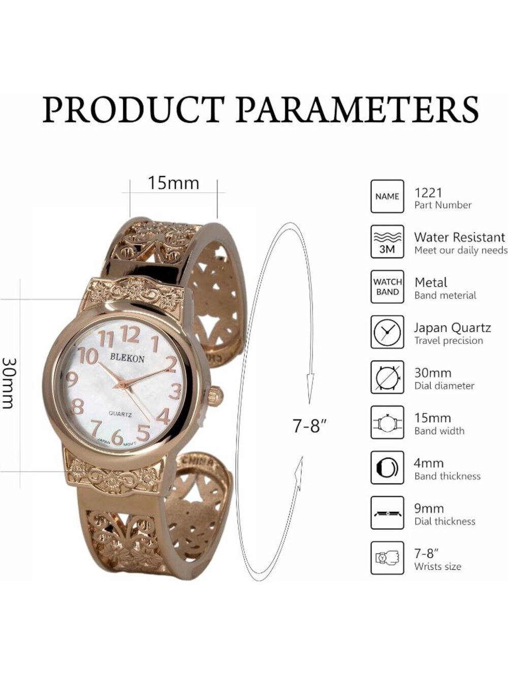 Women's Rose-Gold Japanese Quart 28mm Case Elegantly Designed Cuff Bangle Watch - Picture 2 of 5